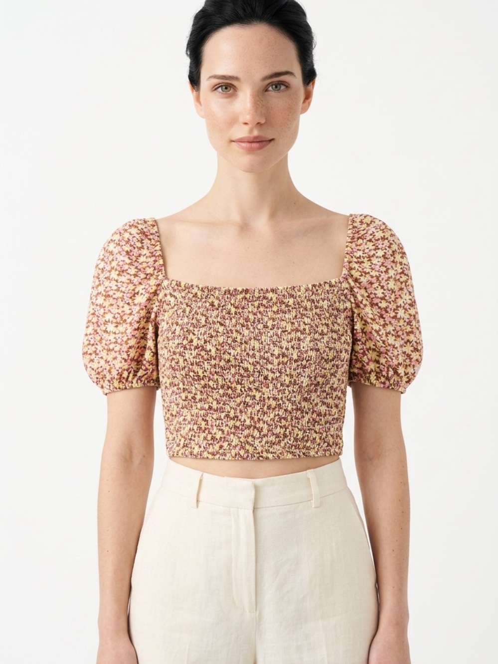 MAAJI | Smocked Floral Square-Neck Puff Sleeve Top Lace Up Back Women’s Size L